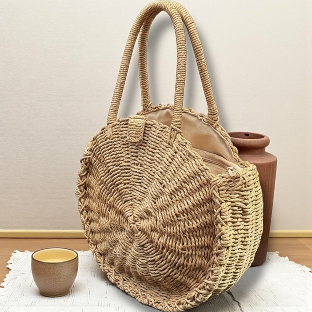 Natural Woven Straw Circle Tote Bag Tan Round Boho‎ Beach Purse Summer Handbag